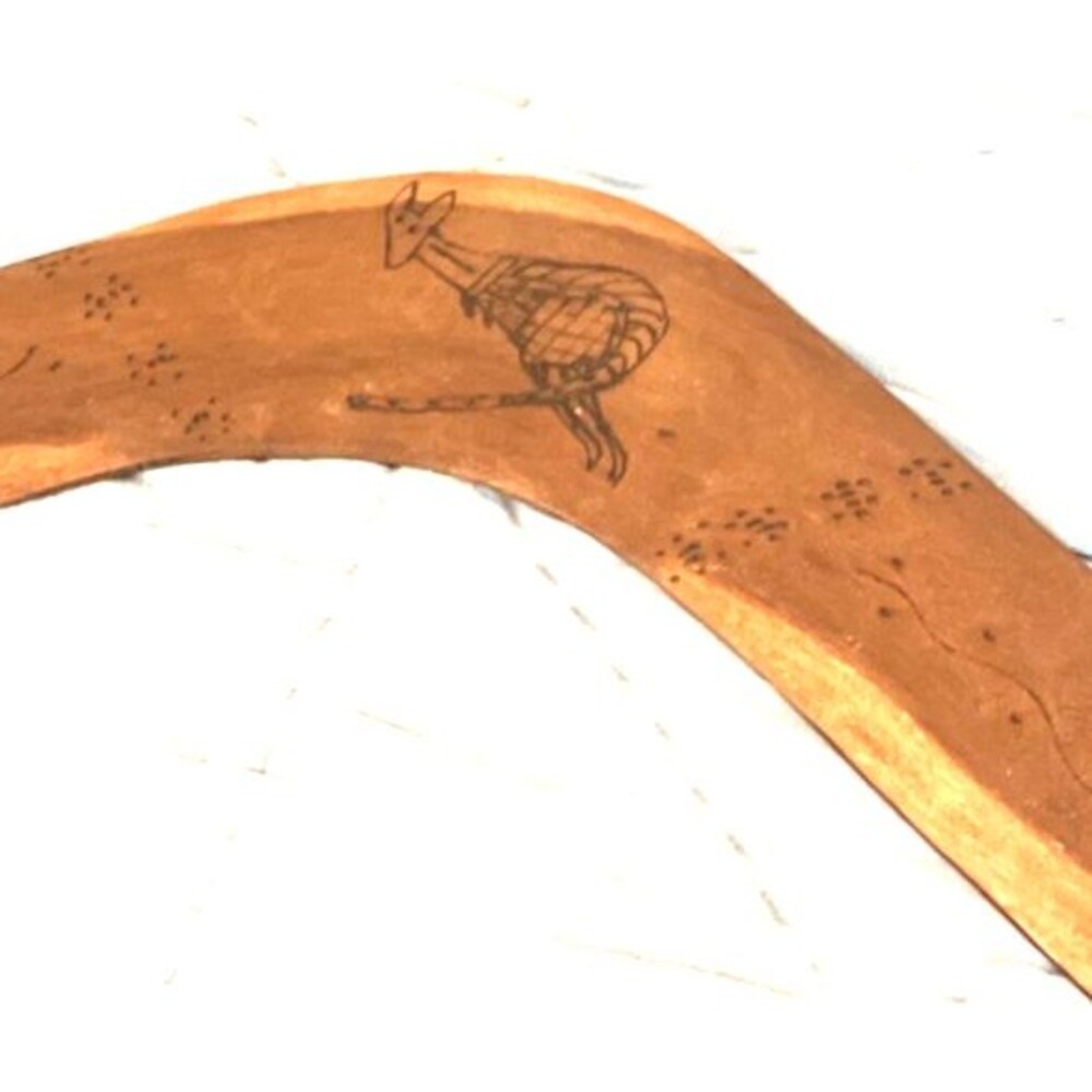 Handmade Vintage Boomerang Wood Burn Design Signed